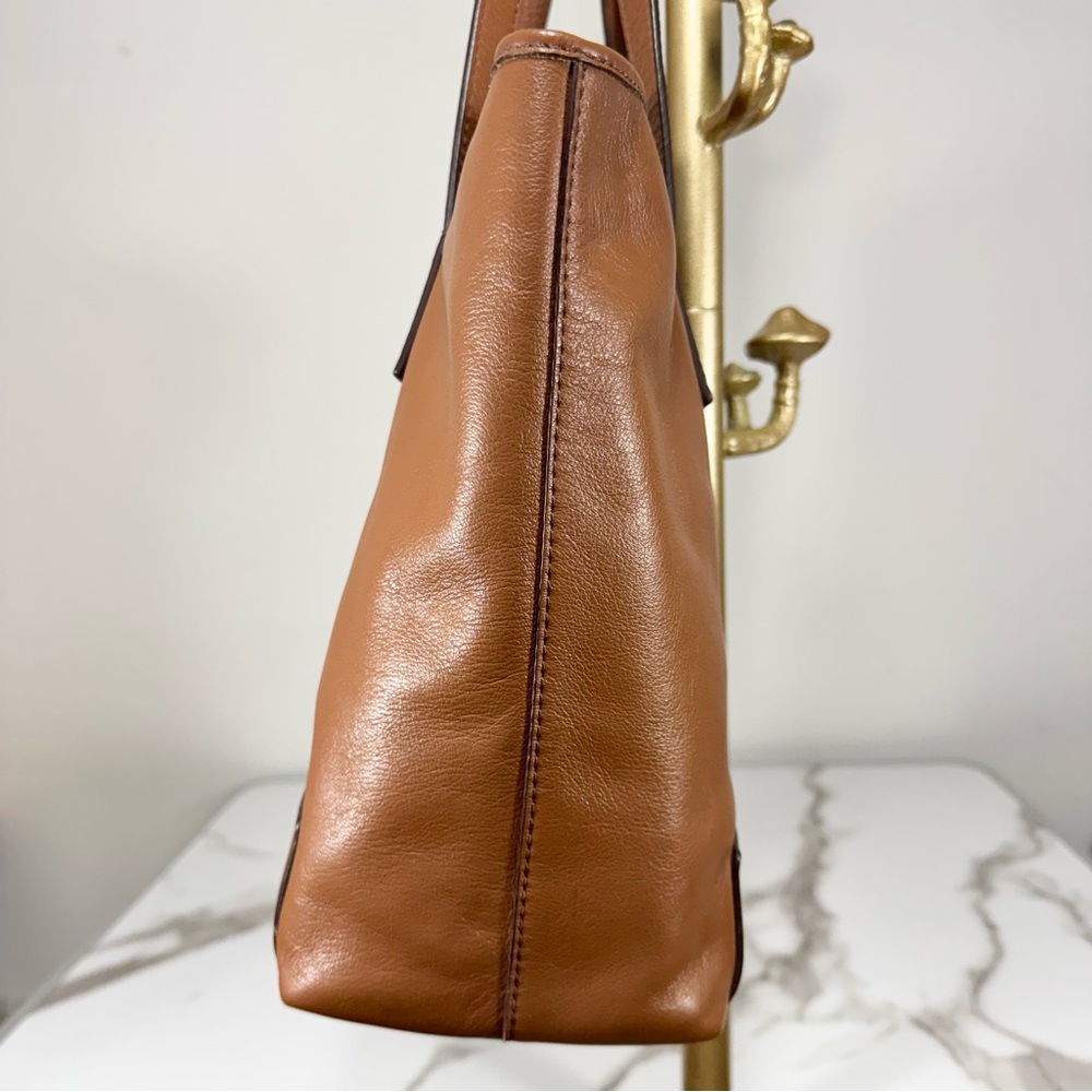 Fossil Reversible Slouchy Brown Tan Leather Metallic Rose Gold Handbag Tote Bag - Picture 4 of 16